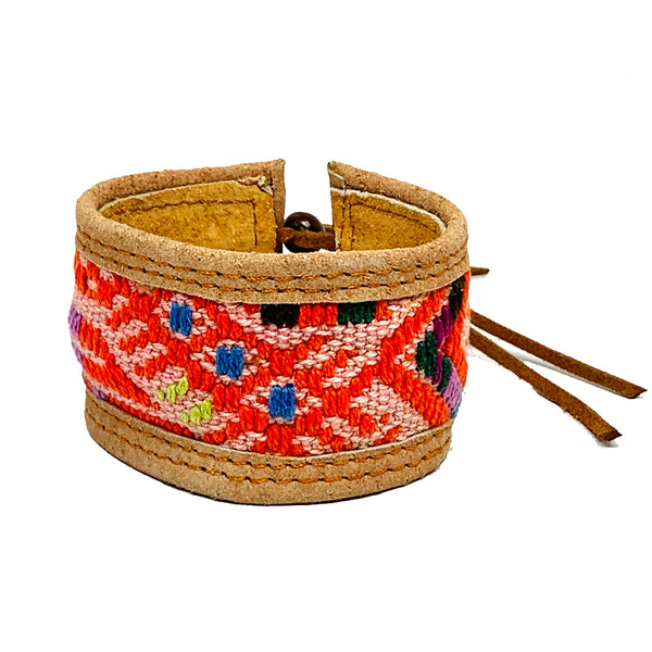 Red Geometric Pattern Huipil and Leather Cuff Bracelet