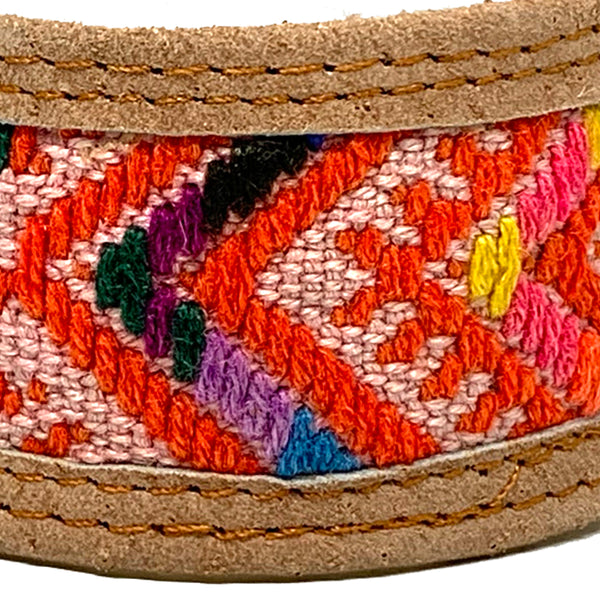 Red Geometric Pattern Huipil and Leather Cuff Bracelet