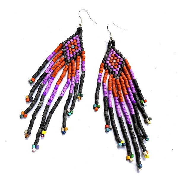 Black ,Purple & Red Beaded 9 Fringe Earrings - 5"