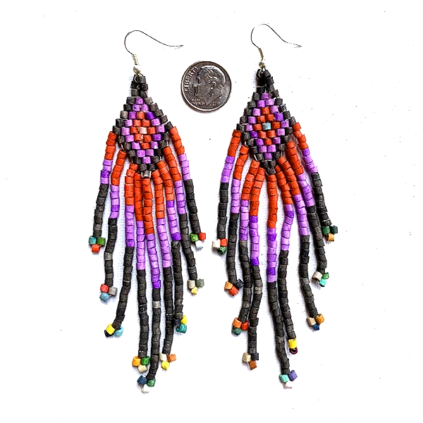 Black ,Purple & Red Beaded 9 Fringe Earrings - 5"