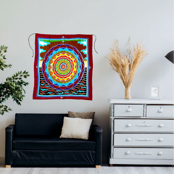 Burgundy And Rust Flower of Life Batik Tapestry With Waves and Sky Background - 3 feet