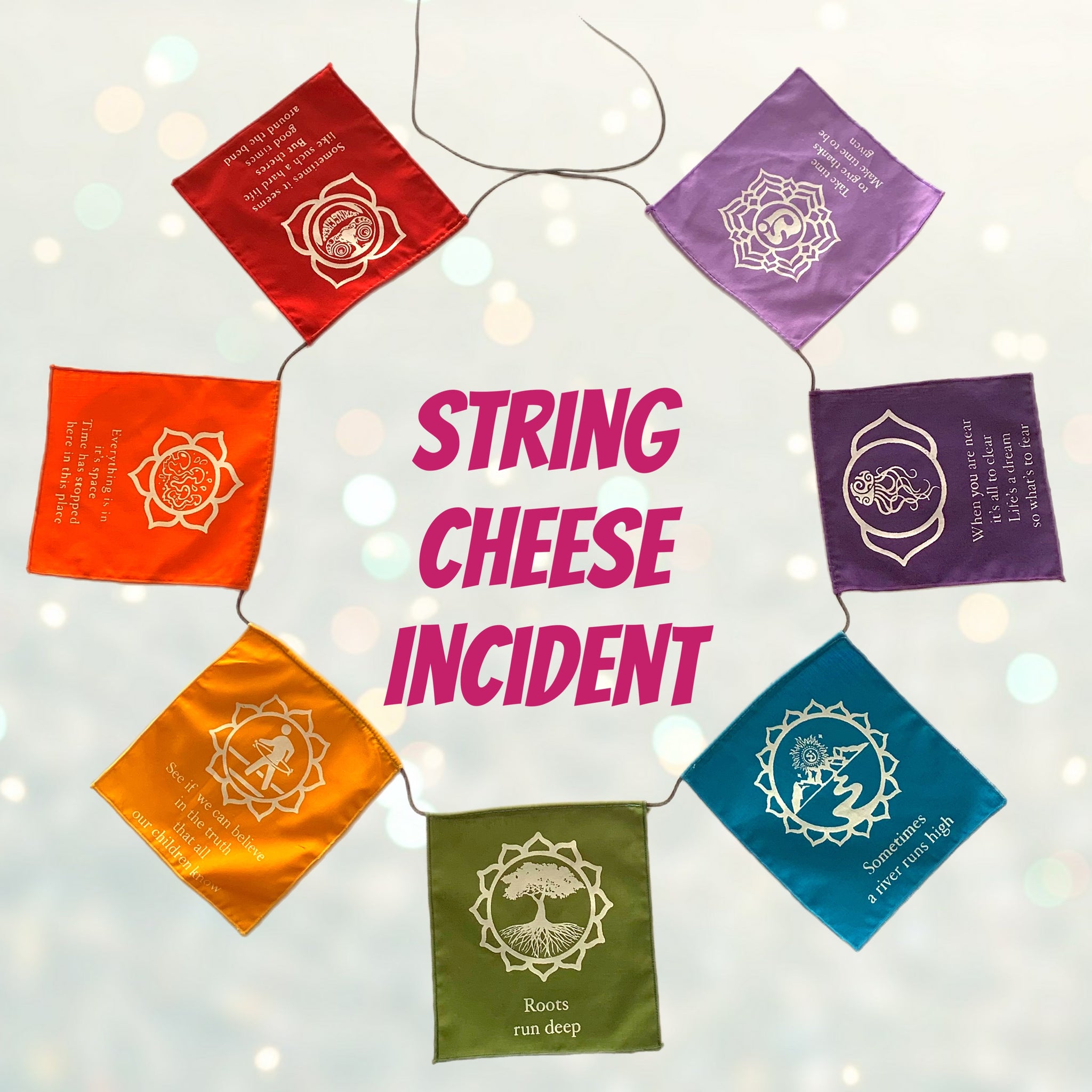 Silk Screened Rainbow String Cheese Incident Lyric Chakra Prayer Flags - 2 Sizes to Choose From