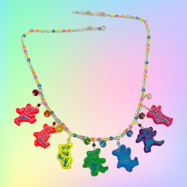 Day Glow Rainbow Dancing Bear Necklace