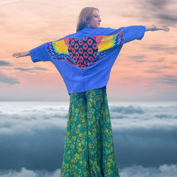 Phish Kimono Jacket with Batik Heart with Donuts in Blue