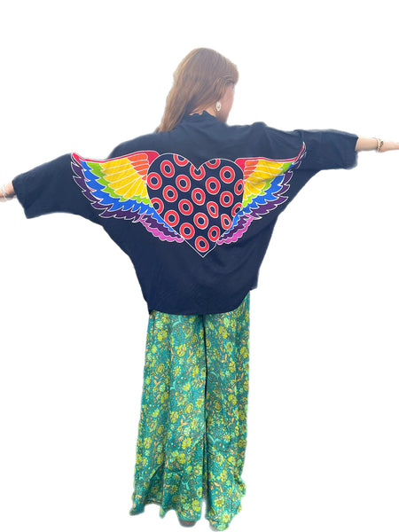 Phish Kimono Jacket with Batik Heart with Donuts in Black
