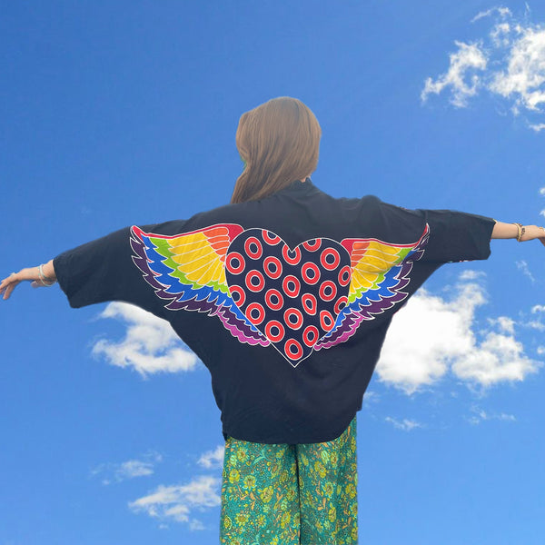 Phish Kimono Jacket with Batik Heart with Donuts in Black