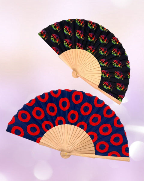 Two hand fans with colorful patterns on a white background