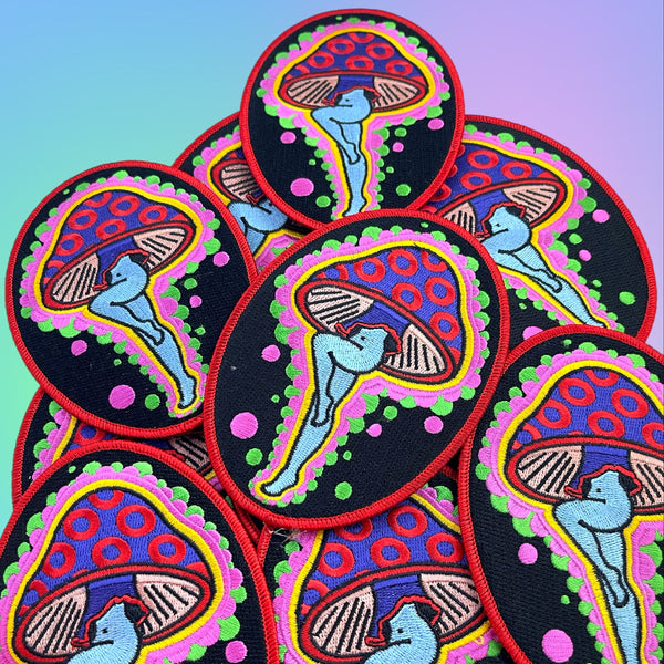 Colorful mushroom and fairy patches on a blue background