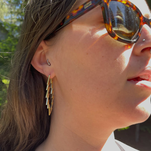 13 Point Lightning Bolt Large Hoop Style Earrings Cast in Yellow Brass
