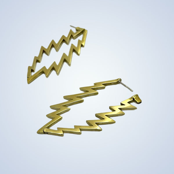 13 Point Lightning Bolt Large Hoop Style Earrings Cast in Yellow Brass