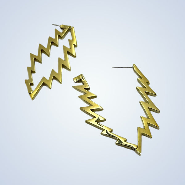 13 Point Lightning Bolt Large Hoop Style Earrings Cast in Yellow Brass