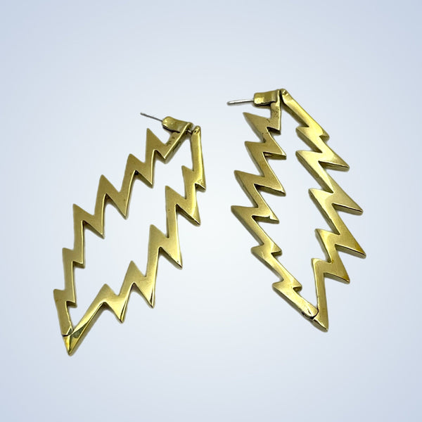 13 Point Lightning Bolt Large Hoop Style Earrings Cast in Yellow Brass