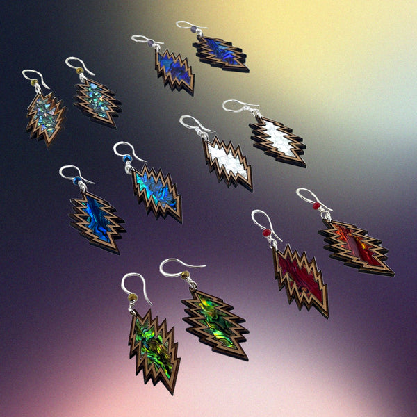 Large Handmade Wood and Abalone Bolt Earrings