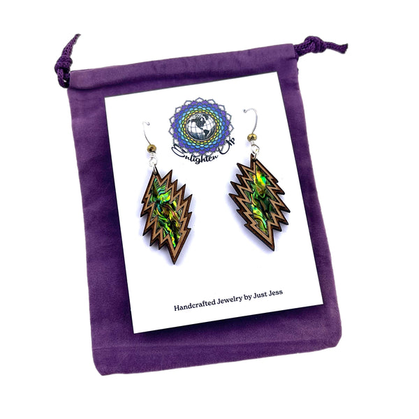 Large Handmade Wood and Abalone Bolt Earrings