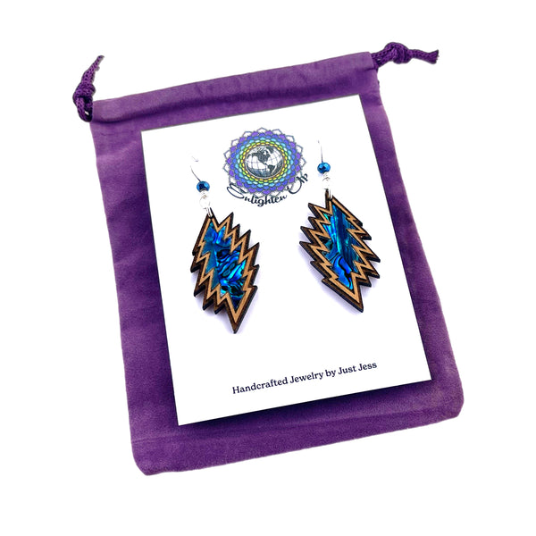 Large Handmade Wood and Abalone Bolt Earrings
