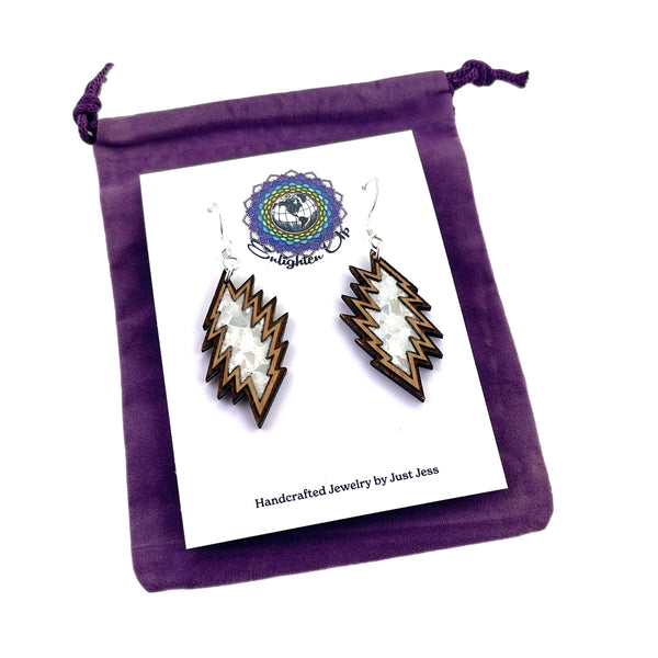 Large Handmade Wood and Abalone Bolt Earrings