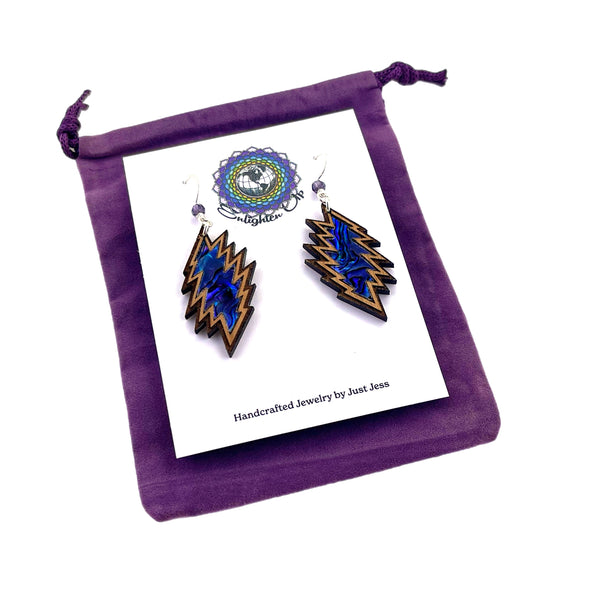 Large Handmade Wood and Abalone Bolt Earrings