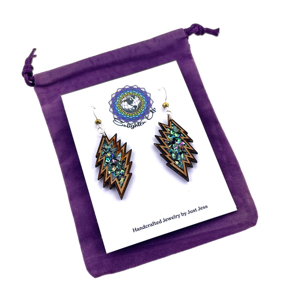 Large Handmade Wood and Abalone Bolt Earrings