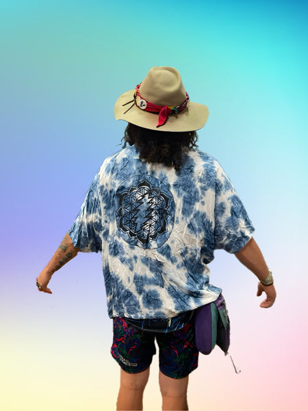 Salt Tie Dye Rayon Kimono Jacket: Flower of Life Bolt Silk Screen