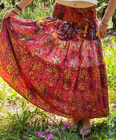 Boho Batik Patchwork Skirt - Red