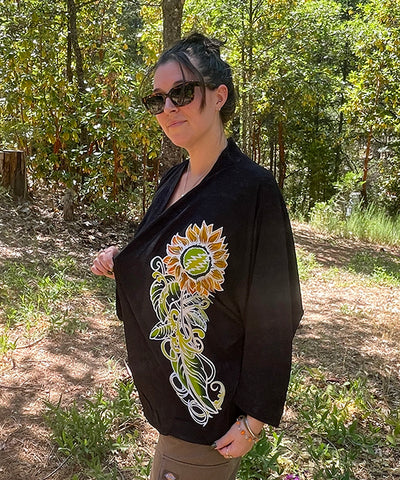 Kimono Jacket with Batik Sunflower & Bolt in Black