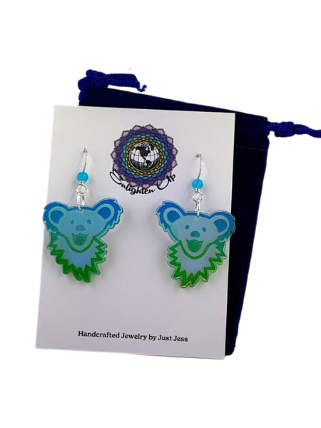 Iridescent Acrylic Dancing Bear Head Earrings - 2"