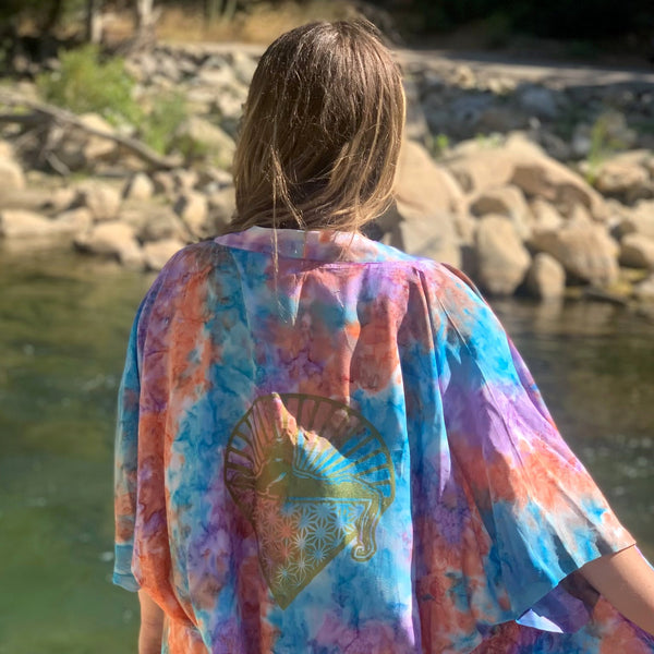 Salt Tie Dye Rayon Kimono Jacket: Multi Color Cat & Bolt