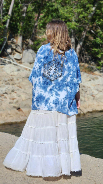 Salt Tie Dye Rayon Kimono Jacket: Flower of Life Bolt Silk Screen