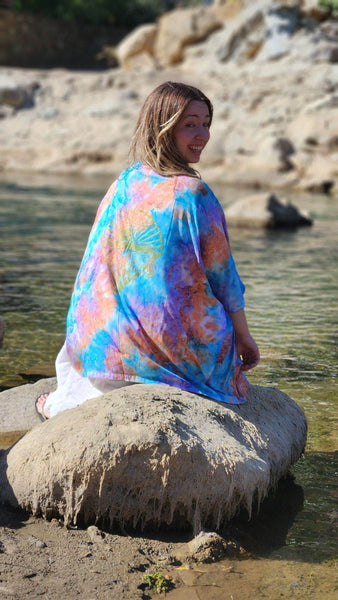 Salt Tie Dye Rayon Kimono Jacket: Multi Color Cat & Bolt