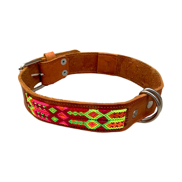 Bright Neon Friendship Bracelet Style Leather Dog Collars From Guatemala - Medium 17"-20"