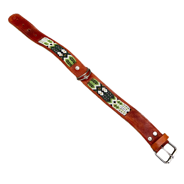 Green Friendship Bracelet Style Leather Dog Collars From Guatemala - Medium 16-19"