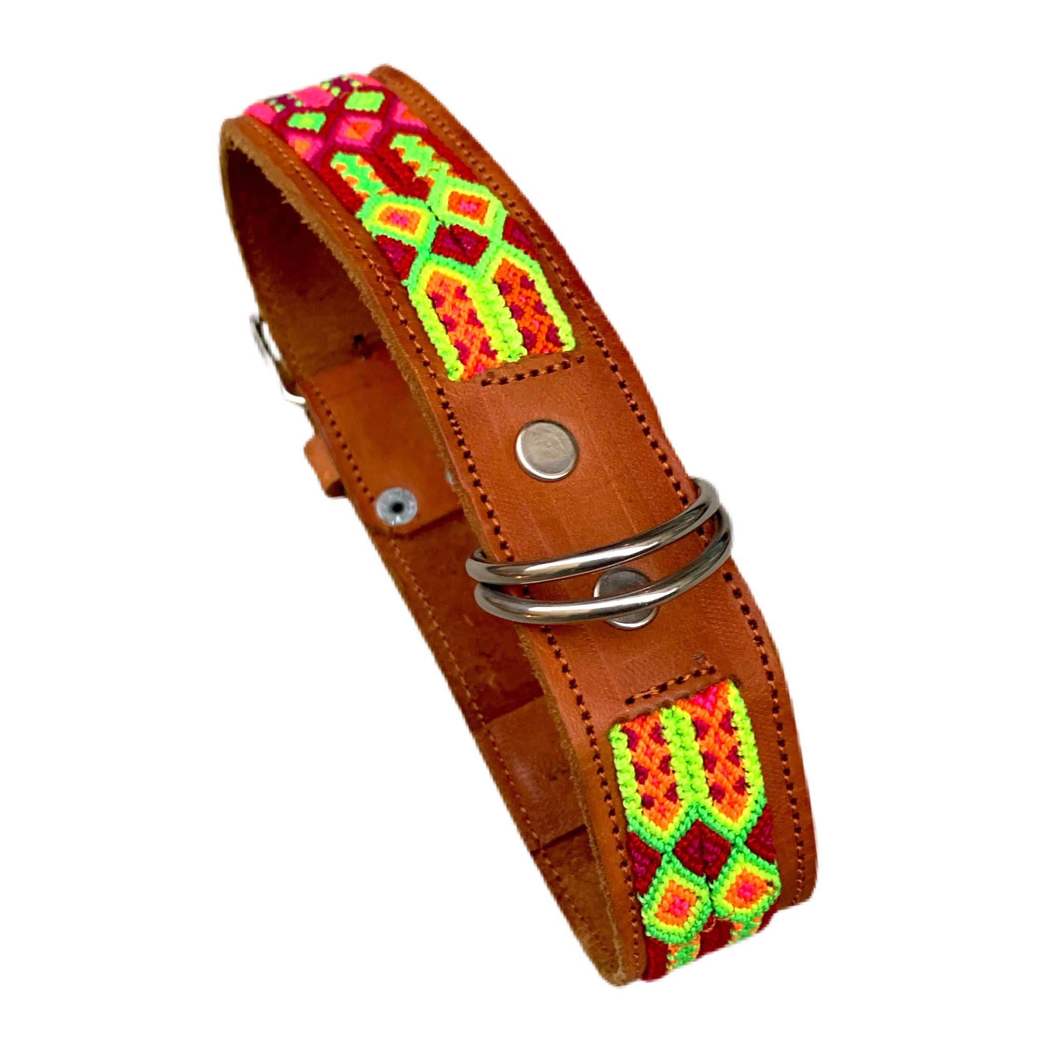 Bright Neon Friendship Bracelet Style Leather Dog Collars From Guatemala - Medium 17"-20"