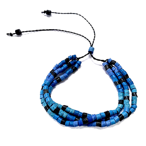 Blue, Aqua & Black Ceramic Bead 3 Strand Adjustable Bracelet