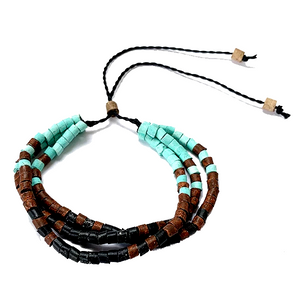 Turquoise, Brown & Black Ceramic Bead 3 Strand Adjustable Bracelet