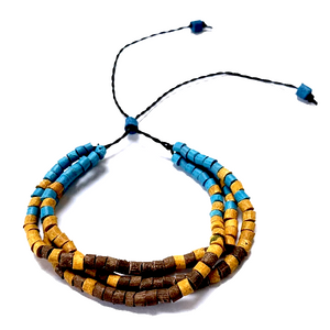 Turquoise, Gold & Brown Ceramic Bead 3 Strand Adjustable Bracelet