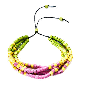 Green, Yellow & Lilac Ceramic Bead 3 Strand Adjustable Bracelet