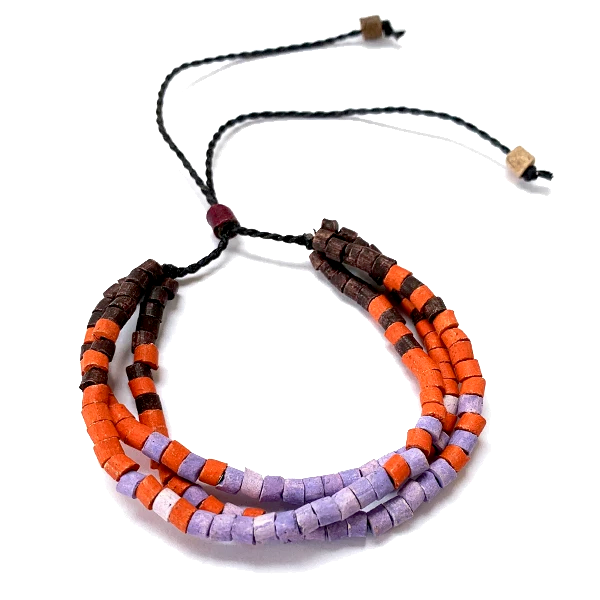 Brown, Orange & Lilac Ceramic Bead 3 Strand Adjustable Bracelet