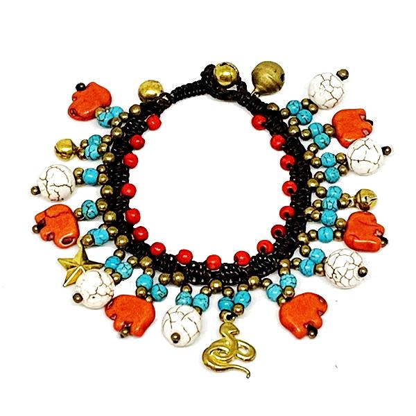 Red, Turquoise and Natural Stone Macrame Charm Bracelet
