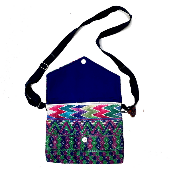 Green, Blue & Purple Patterned Huipil Sling Bag from Guatemala