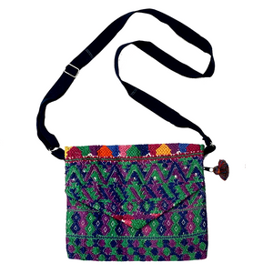Green, Blue & Purple Patterned Huipil Sling Bag from Guatemala