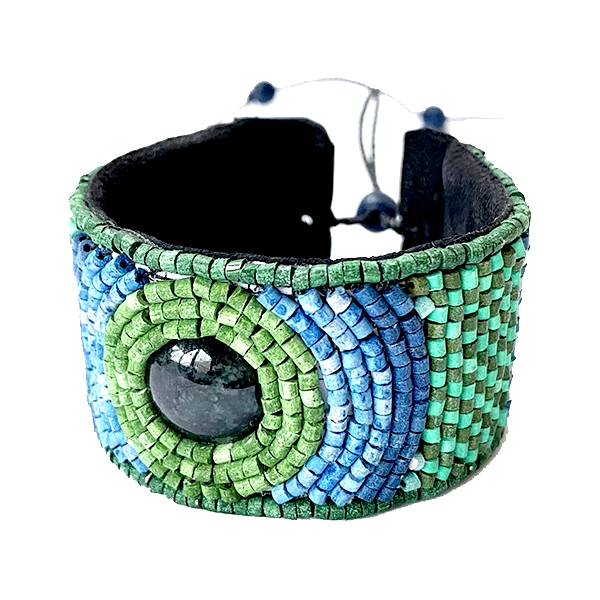 Blue, Green & Aqua Ceramic Beaded Leather Cuff Bracelet with Jade