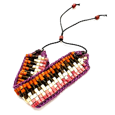 Chunky Purple, Rust Brown & Cream Ceramic Beaded & Crochet Bracelet