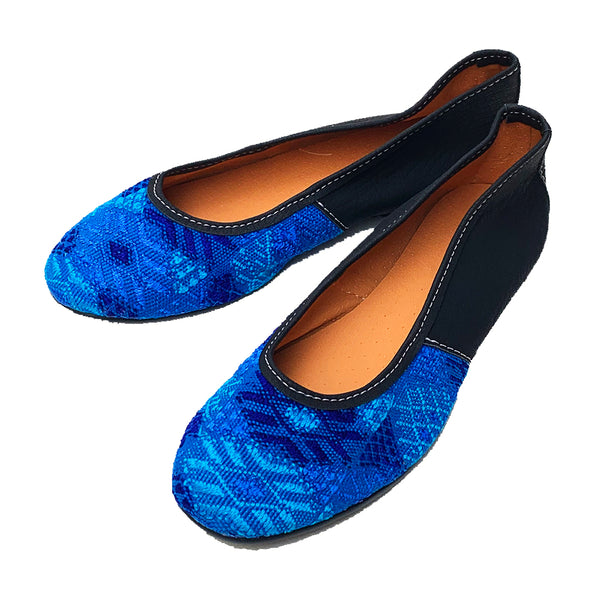 Handmade Vintage Bright Blue Huipil with Faux Leather Ballet Flats