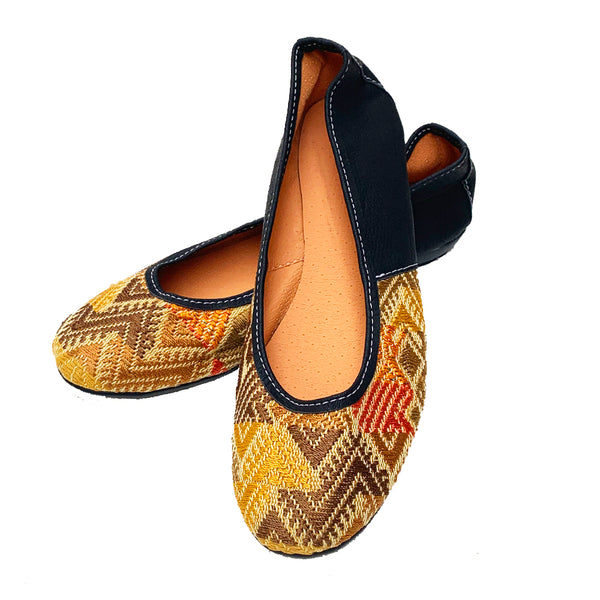 Handmade Vintage Gold Huipil with Faux Leather Ballet Flats