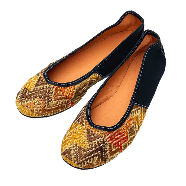 Handmade Vintage Gold Huipil with Faux Leather Ballet Flats