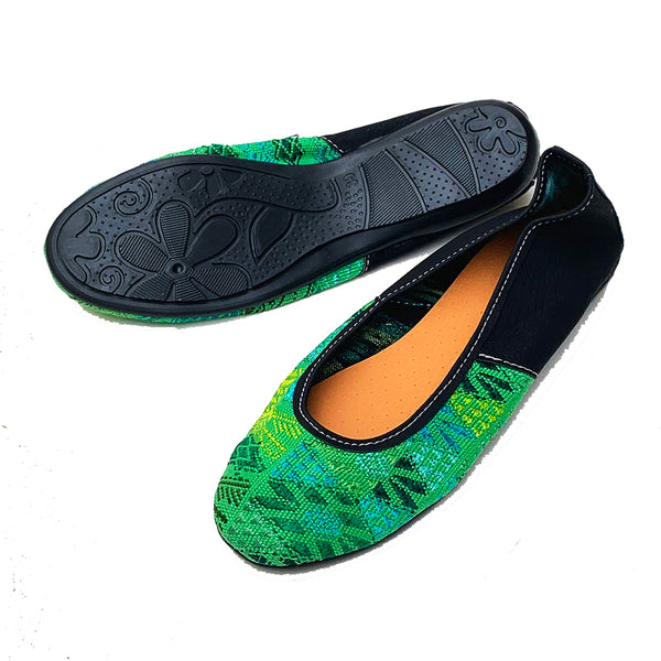 Handmade Vintage Bright Green Huipil with Faux Leather Ballet Flats