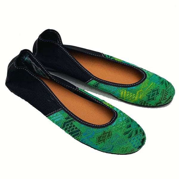Handmade Vintage Bright Green Huipil with Faux Leather Ballet Flats