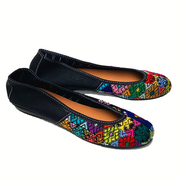 Handmade Vintage Multi-Color Huipil with Faux Leather Ballet Flats