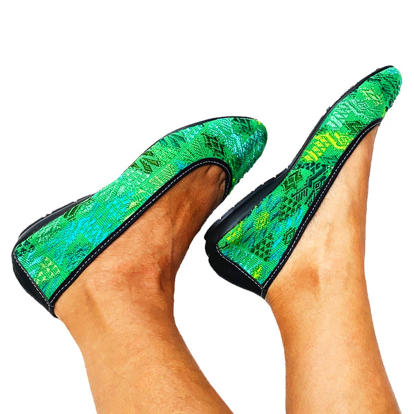 Handmade Vintage Bright Green Huipil Ballet Flats