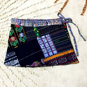 Blue Vintage Huipil and Corte Fabric Patchwork Wrap Mini Skirt
